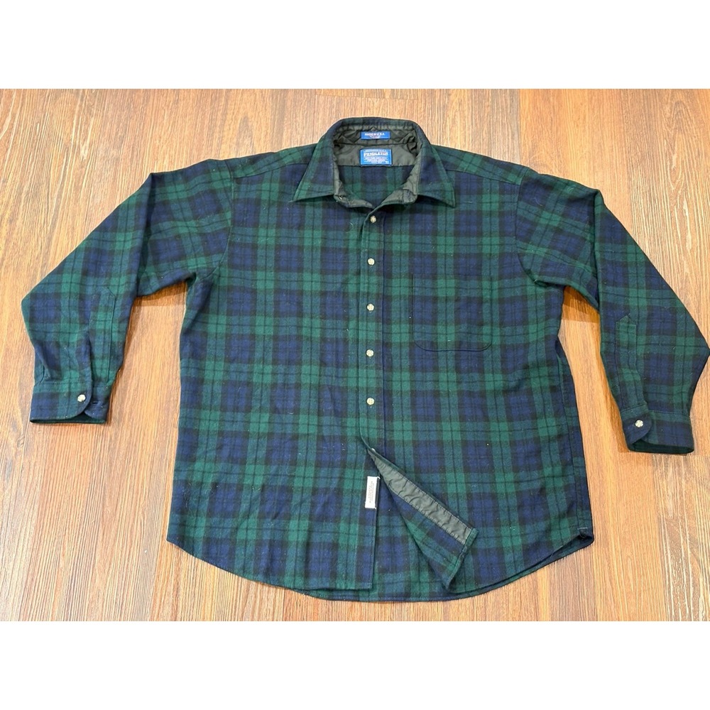 Vintage 70's Pendleton Wool Shirt Black Watch Tartan Green USA Made Men's XL